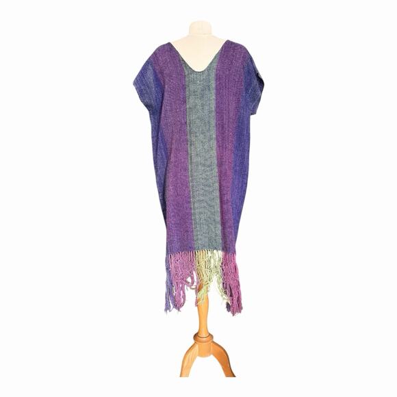 Handwoven Boho Striped Tunic Kaftan Fringe Hem Artisan Dress Purple Burgundy Grn - Picture 7 of 11